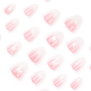 Pink and white gradient press-on nails with white star pattern in a neat array layout