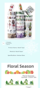 Detailed view of patterned washi tape rolls with vintage floral and figure prints