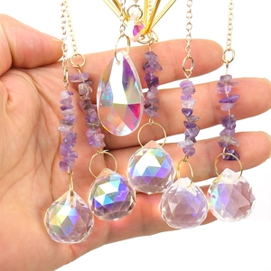 Crystal suncatcher hanging ornaments with purple amethyst stones and clear faceted glass balls
