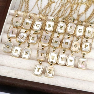 Initial Alphabet Pendant Necklace 18K Gold Plated Copper Mother Of Artificial Pearl Zircon Square Medallion Hip Hop Jewelry Women