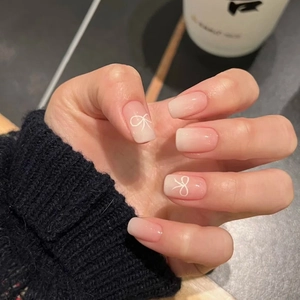 Press On Nails Pink White Ombre Gradient Glossy With Bow Pattern Short Square Round Manicure Tips For Women
