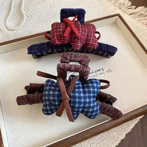 Cute Korean style fabric plaid bear hair claws with ribbon bows for elegant updos