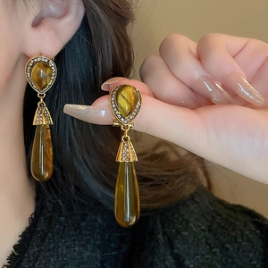 French vintage teardrop earrings with tiger eye stone and diamond-encrusted gold edges