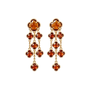 Vintage 18k gold plated long tassel earrings with amber glass clover charms for women