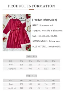 Detailed size chart for satin robe and nightgown set ranging from 1XL to 5XL sizes