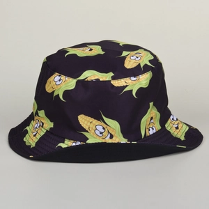 Close-up of black bucket hat with cartoon corn patterns and embroidered detailing