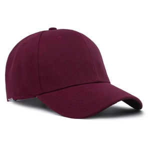 Detail view of burgundy baseball cap showing premium twill cotton fabric and 6-panel structure