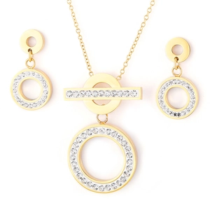 Fashionable gold stainless steel jewelry set featuring circular pendants with sparkling crystals