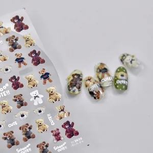 British style teddy bear nail art stickers with plaid patterns and UK flag designs