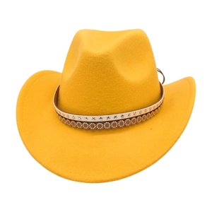 Yellow felt western cowboy hat with decorative star bands and rivets on white background