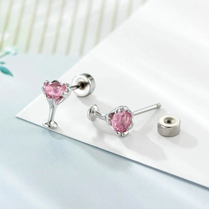 Pink heart zircon goblet cartilage stud earrings with secure screw back closure