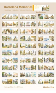 Detailed catalog of 30 vintage Barcelona scenery washi stickers for DIY journals