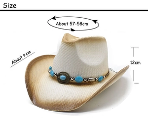 Detailed size specifications of a straw cowboy hat with blue beads and bronze buckle