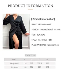 Detailed size guide table for elegant black imitation silk robe for women, sizes S to XL