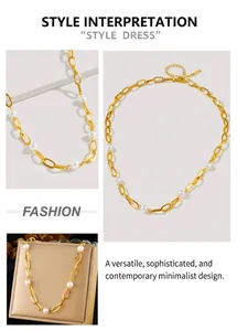 Détail du collier chaîne à croix en acier inoxydable doré avec perles élégantes