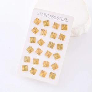 Set of 12 pairs of golden stainless steel square stud earrings with sunburst texture