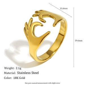 Macro view of 18K gold plated stainless steel heart hands ring with size dimensions