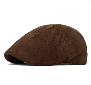 Detail of coffee brown suede flat cap showing soft matte texture and durable stitching