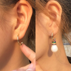 Rainbow zircon S925 silver needle drop earrings with pearl charm and golden finish
