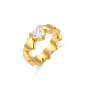 18K gold plated stainless steel ring with heart shaped zircon and connected heart patterns