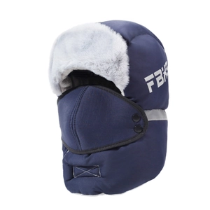Winter thermal trapper hat in navy blue with grey faux fur lining and face mask