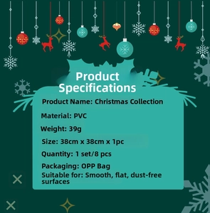 Detailed product specifications for Christmas PVC door stickers with dimensions and materials