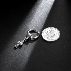 Retro silver cross pendant hoop earring with antique gothic texture for men