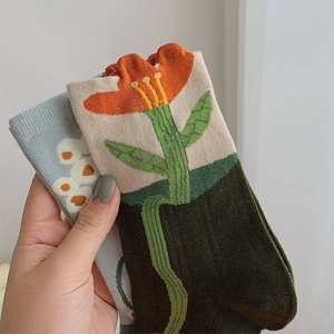 Women Mid Calf Socks Cotton Blend Japanese Style Floral Plaid Print Ruffle Cuff Sweat Absorbent Mori Girl Vintage Socks