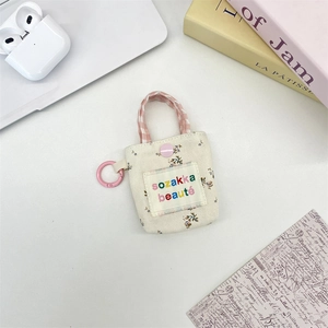 Floral print mini pouch with pink checkered handle and embroidery for AirPods and coins