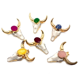 Colorful bull skull pendants with natural stones and gold horns for DIY necklaces