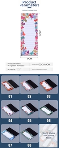Detailed dimensions and 8 floral magnetic notepad styles in a structured layout
