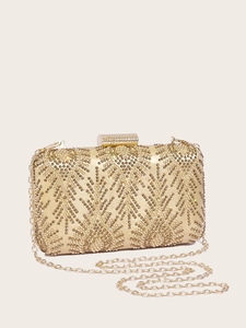 Elegant gold sequined evening clutch bag with metal chain strap for formal parties