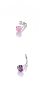 Detail of L-shaped nose studs featuring heart-shaped pink and purple cubic zirconia