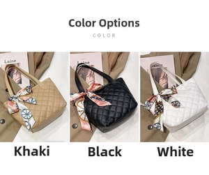 Three large quilted tote bags in khaki, black, and white with decorative silk scarves