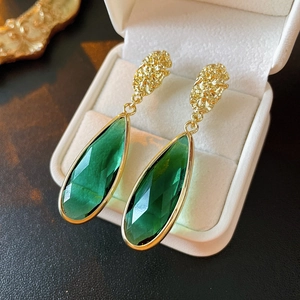 Vintage Emerald Green Glass Teardrop Earrings With 925 Sterling Silver Earring Post French Style Elegant Jewelry Women