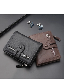 Classic men's short wallets in black and brown PU leather with functional zipper pocket