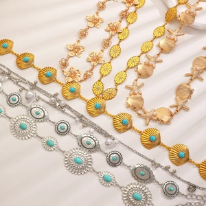 Bohemian gold and silver metal waist chains with turquoise and seashell charms for dresses