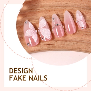 Elegant almond press-on nails with 3D white butterfly relief and silver rhinestones