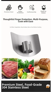 Detailed macro view of a 304 stainless steel finger guard shield for safe vegetable cutting