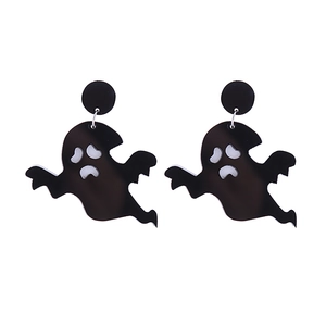Halloween black ghost acrylic earrings for women with festive horror design on white backdrop