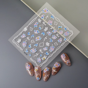 Floral nail stickers with 3D pink flowers and heart wave lines for sweet manicure art
