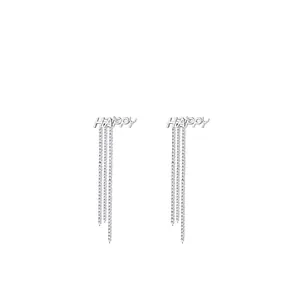 Boucles d'oreilles pendantes en argent S925 avec lettres HAPPY et longs glands