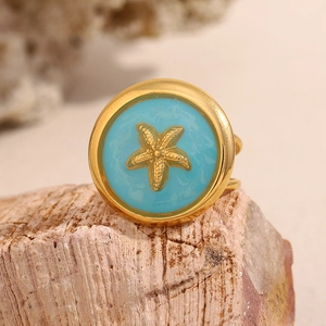 Retro 18K gold plated starfish ring with turquoise enamel inlay on pink stone