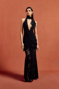 Elegant black lace evening gown featuring a deep V-neckline and layered ruffle hemline