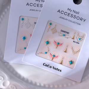 3D geometric nail art charms with turquoise and gold elements in premium packaging