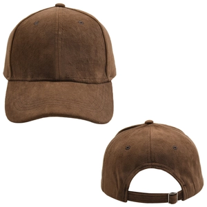 Detailed view of brown suede baseball cap with adjustable back strap on white background