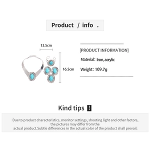 Detailed size specifications for turquoise acrylic jewelry set with brushed silver metal