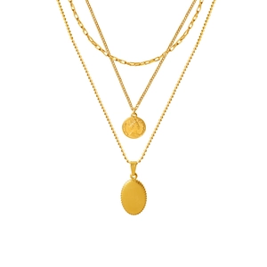 Three-layer gold titanium steel necklace with Queen Elizabeth II coin and oval pendants