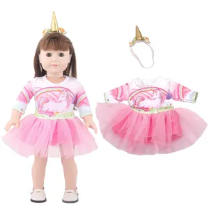 Tenue licorne pour poupée 18 pouces avec jupe tutu en tulle rose et bandeau assorti