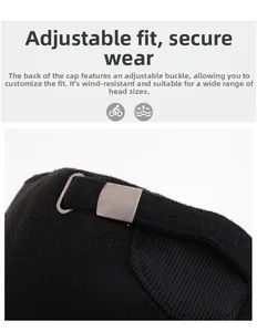 Detail of adjustable metal buckle on black winter baseball cap for perfect size fit